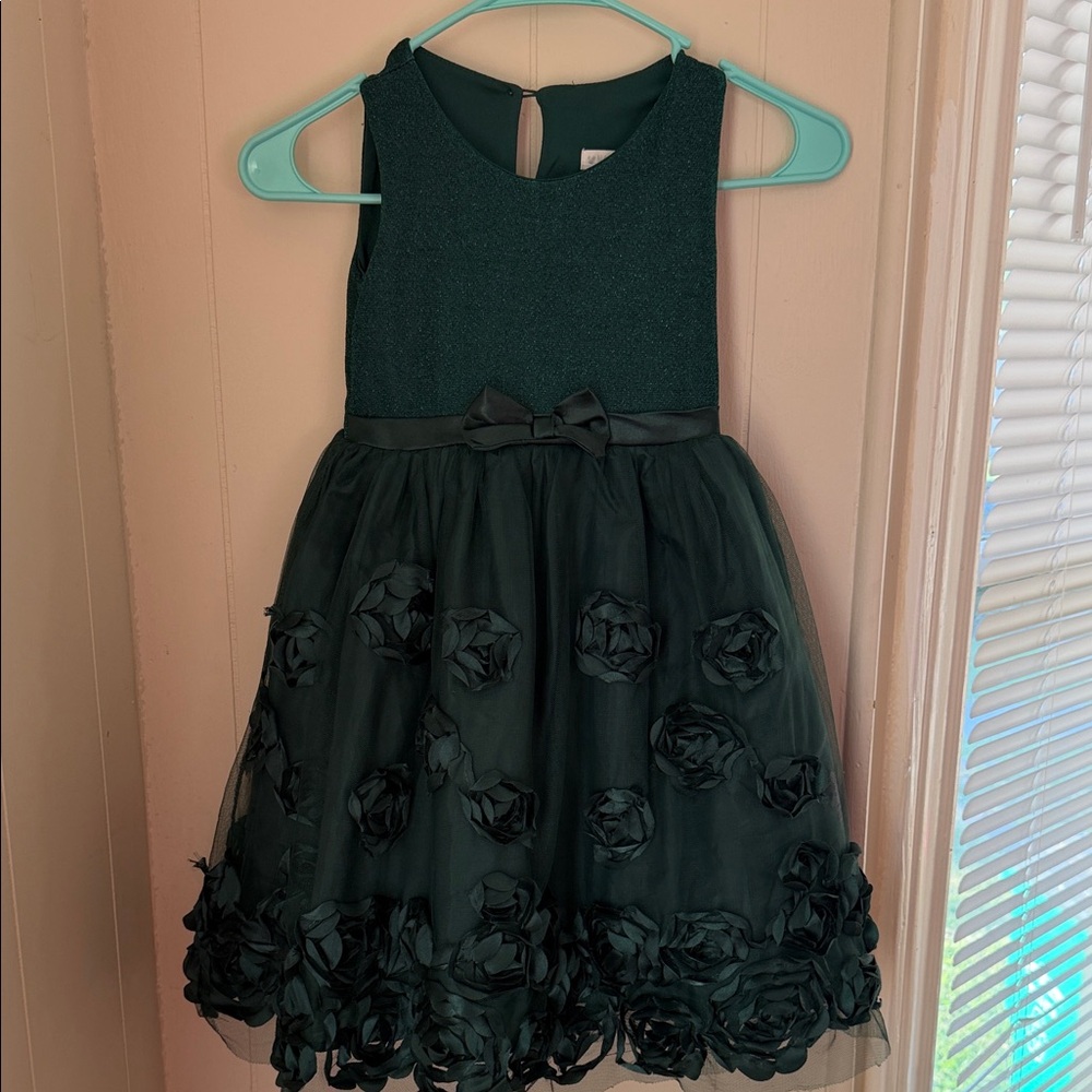 Girls Sleeveless Floral Tulle Party Dress - Dark Green